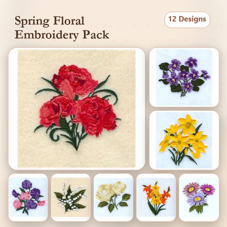 Spring Floral Embroidery Bundle – Red Carnation, Purple Violet, Yellow Daffodil & More (12 Designs)