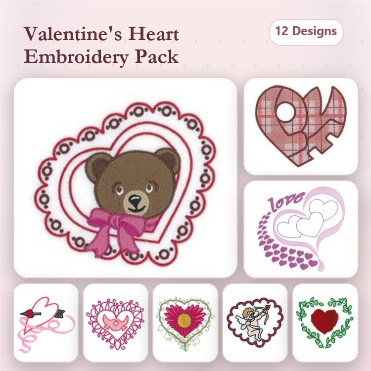 Valentine's Day Embroidery Designs Bundle – Bear with Heart, Cupid with Heart, Floral Heart & More (12 Designs)