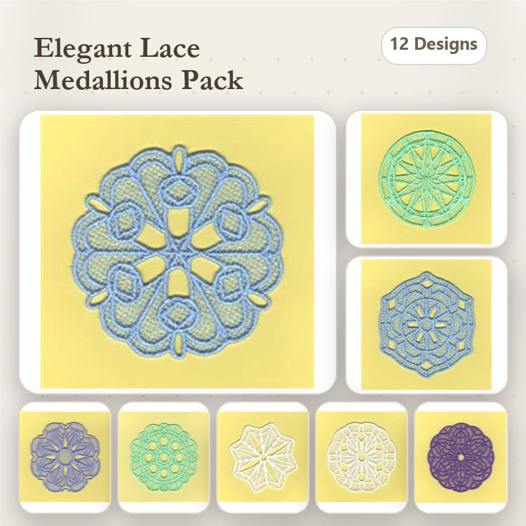 FSL Elegant Lace Medallions Embroidery Bundle – Intricate Lace Accents & More (12 Designs)