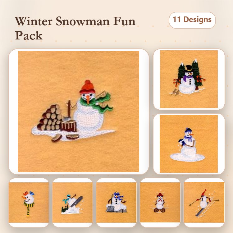 Snowman Characters Embroidery Designs Bundle – Snowman with Drum, Snowman with Tree, Snowman with Sled & More (11 Designs)