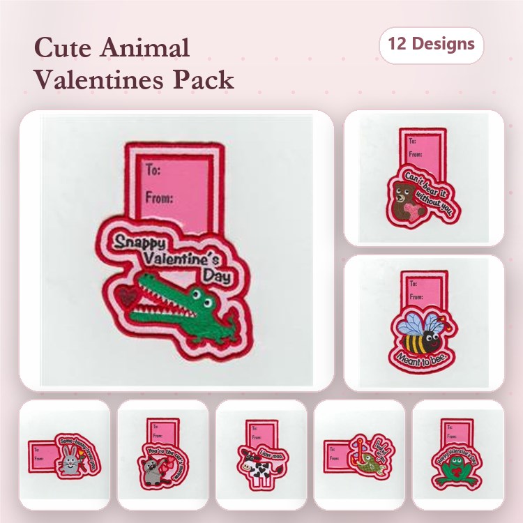 ITH Cute Animal Valentines Embroidery Bundle – Alligator, Bee, Cat, Dog & More (12 Designs)