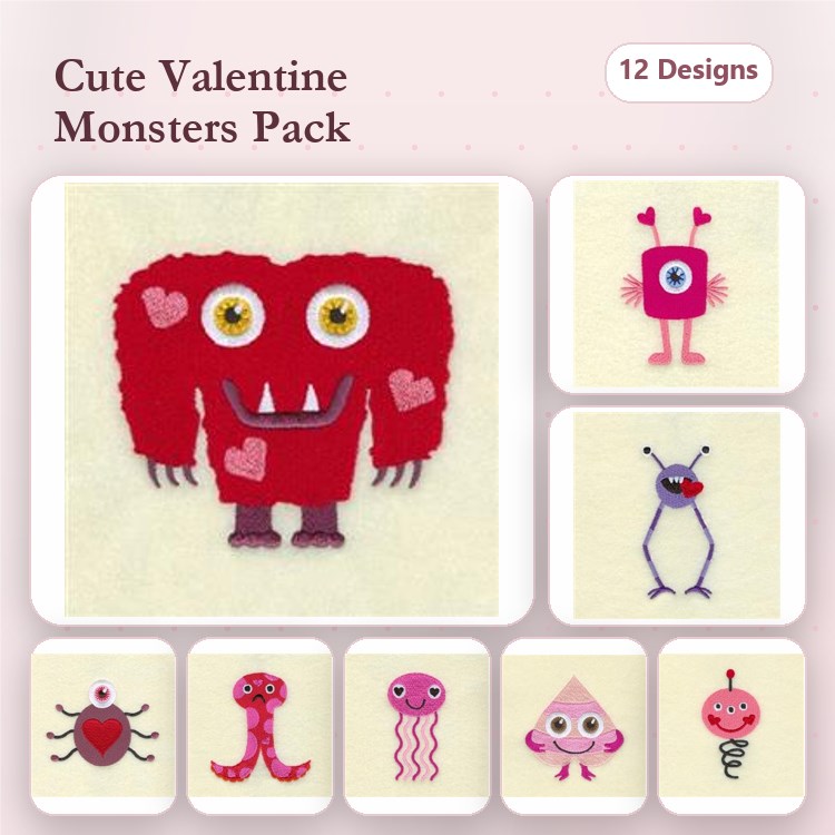 Valentine's Day Monsters Embroidery Designs Bundle – Red Valentine Monster, Pink Heart Monster, Purple One-Eyed Monster & More (12 Designs)