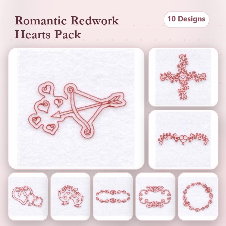 Redwork Romantic Hearts Embroidery Designs Bundle – Heart with Arrow, Love Knot, Floral Heart & More (10 Designs)