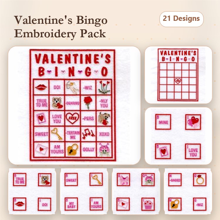 Redwork Valentine's Bingo Embroidery Bundle – Bingo Card, Heart, Rose & More (21 Designs)