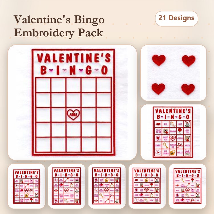 Redwork Valentine's Bingo Embroidery Designs Bundle – Valentine's Bingo Card, Valentine's Bingo Heart & More (21 Designs)