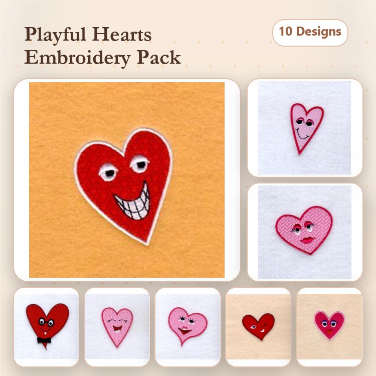 Playful Heart Embroidery Designs Bundle – Heart with Smile, Heart with Wink, Heart with Blush & More (10 Designs)