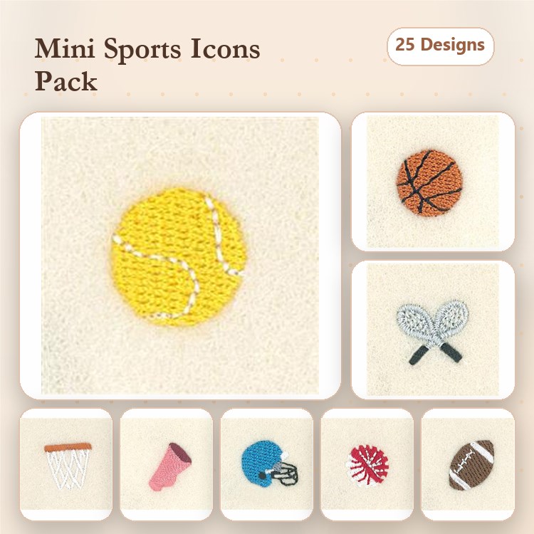 Sports Icons Embroidery Designs Bundle – Tennis Ball, Basketball, Badminton Rackets & More (25 Designs)