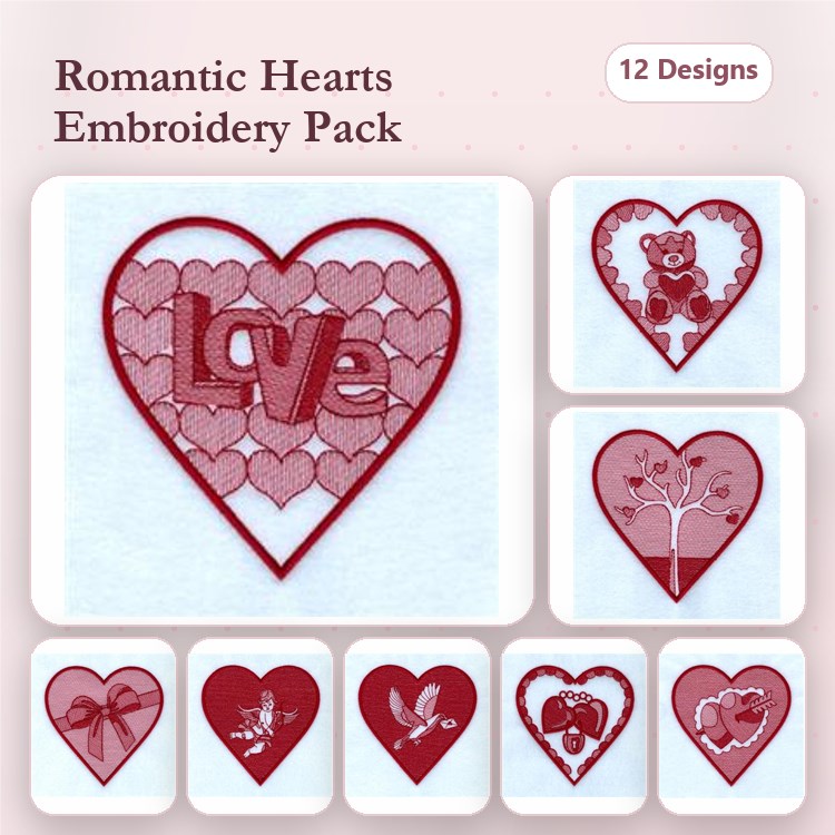 Redwork Romantic Heart Embroidery Bundle – Heart with Love, Heart with Teddy Bear, Heart Tree & More (12 Designs)
