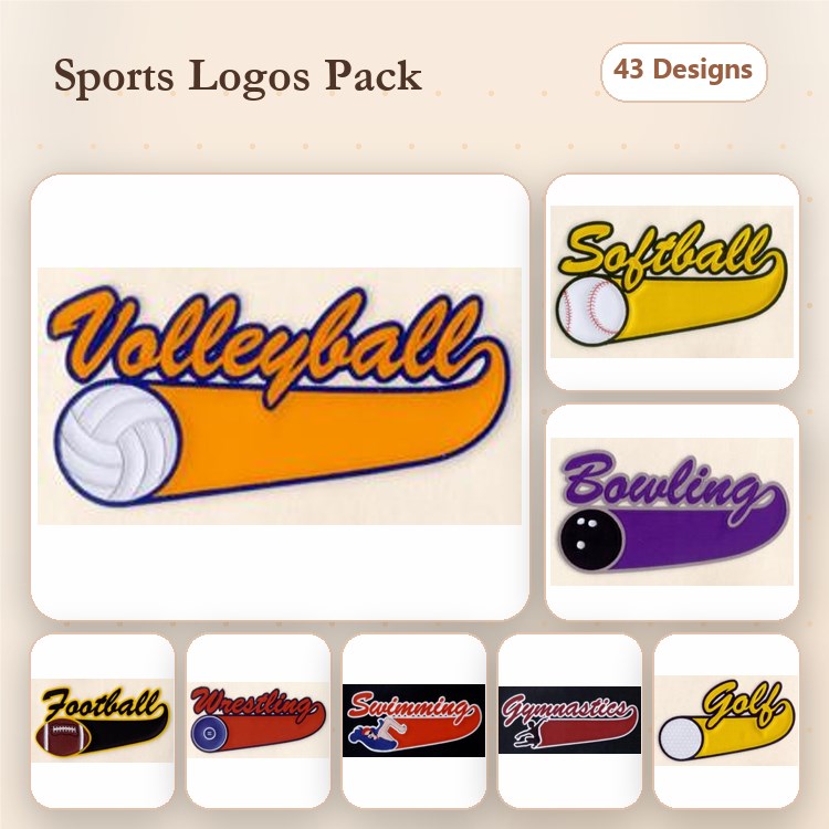 Applique Sports Logos Embroidery Bundle – Volleyball, Softball, Football, Bowling & More (43 Designs)