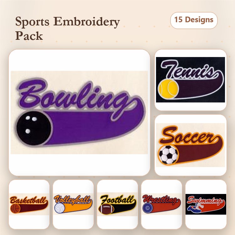 Applique Sports Embroidery Bundle – Bowling, Tennis, Soccer & More (15 Designs)