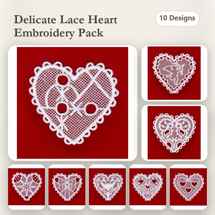 FSL Lace Heart Embroidery Bundle – Lace Heart with Dots, Lacy Heart with Flowers, Ornamental Lace Heart & More (10 Designs)