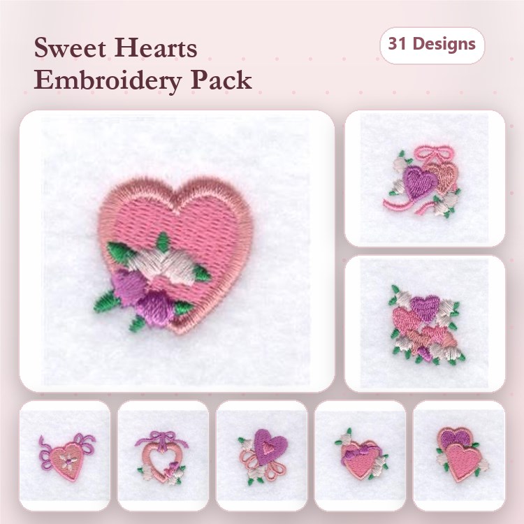 Hearts with Floral Accents Embroidery Bundle – Heart with Flowers, Heart with Ribbon, Floral Heart Accent & More (31 Designs)