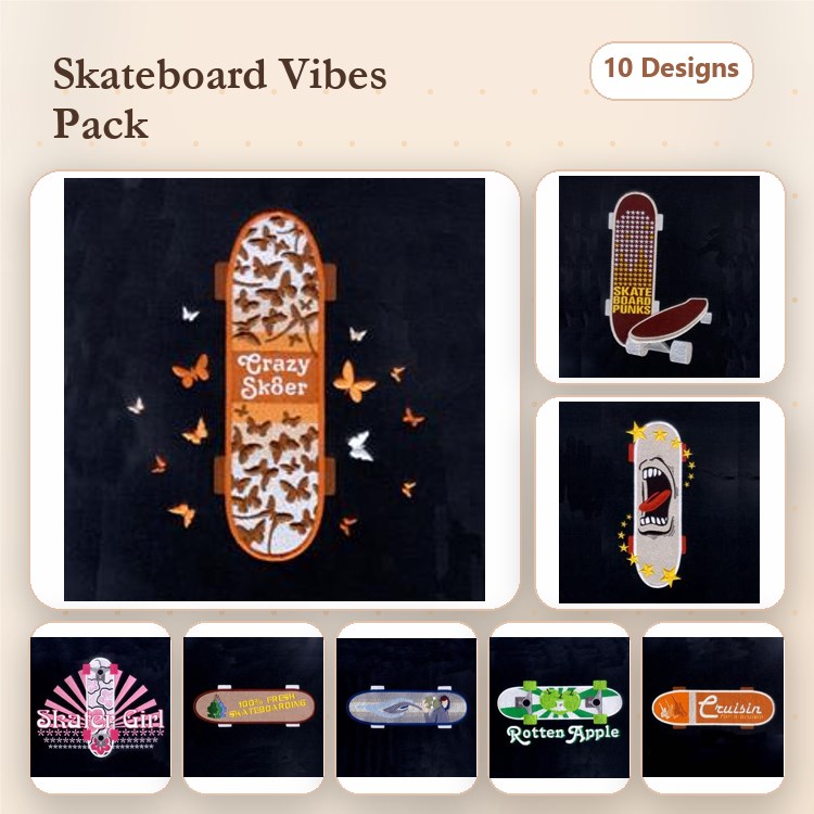 Skateboard Embroidery Designs Bundle – Skateboard with Butterflies, Crazy Skater, Rotten Apple Skateboard & More (10 Designs)