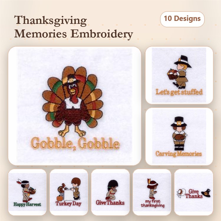 Thanksgiving Turkey Embroidery Designs Bundle – Gobble Gobble Turkey, Lets Get Stuffed, Give Thanks & More (10 Designs)