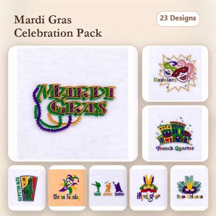 Mardi Gras Celebration Embroidery Designs Bundle – Mask Design, Bourbon Street, Saints Flag & More (23 Designs)