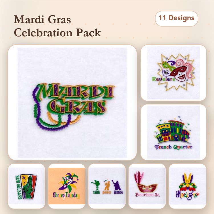 Mardi Gras Celebration Embroidery Designs Bundle – Festival Mask, Jester Hat, Beads & More (11 Designs)