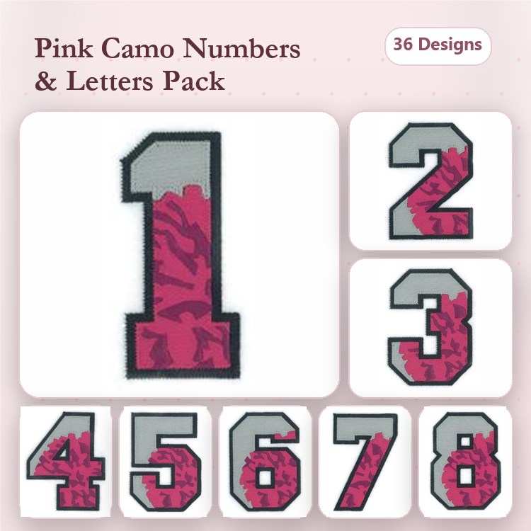 Applique Pink Camo Numbers Embroidery Designs Bundle – Camo Number 1, Camo Number 2, Camo Number 3 & More (36 Designs)