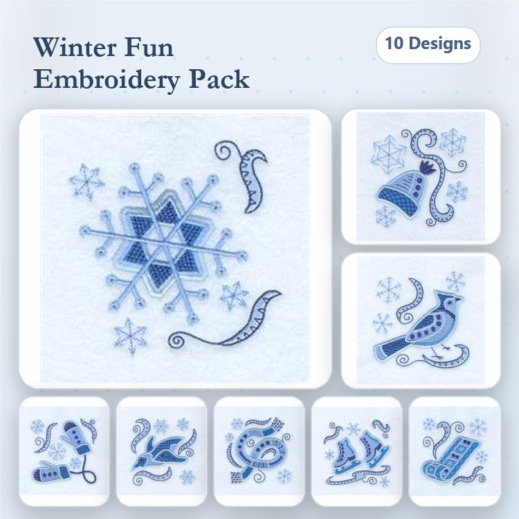 Winter Embroidery Designs Bundle – Snowflakes, Birds with Scarves, Bells & More (10 Designs)