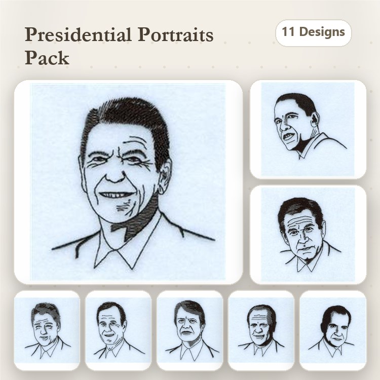 Redwork Presidential Portraits Embroidery Designs Bundle – Ronald Reagan, Barack Obama, Abraham Lincoln & More (11 Designs)