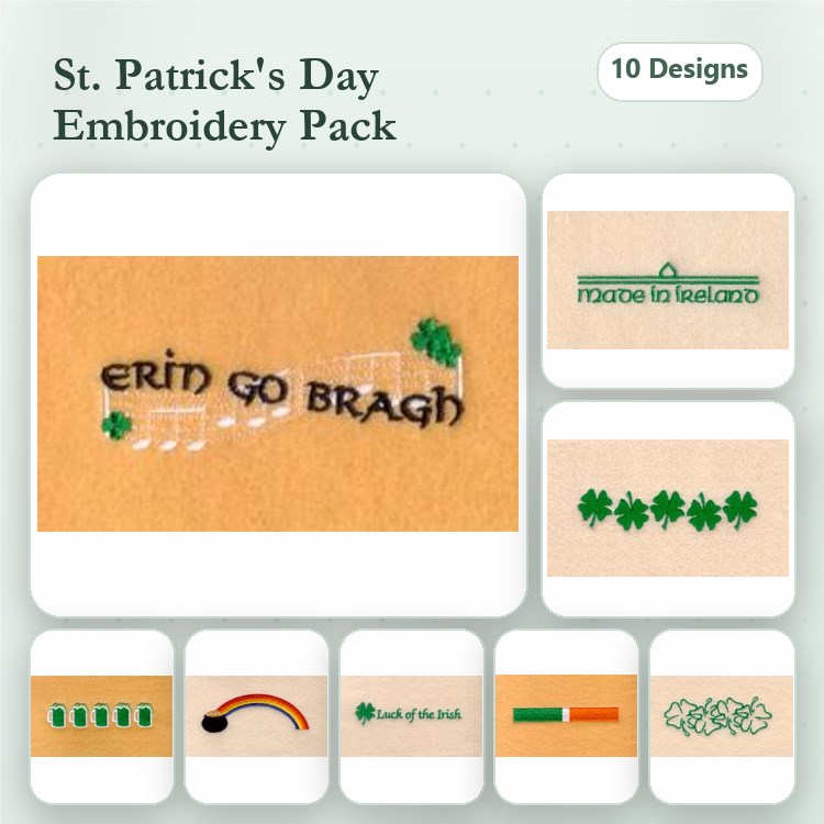 St. Patrick's Day Celebration Embroidery Designs Bundle – Erin Go Bragh, Shamrock Border, Pot of Gold & More (10 Designs)