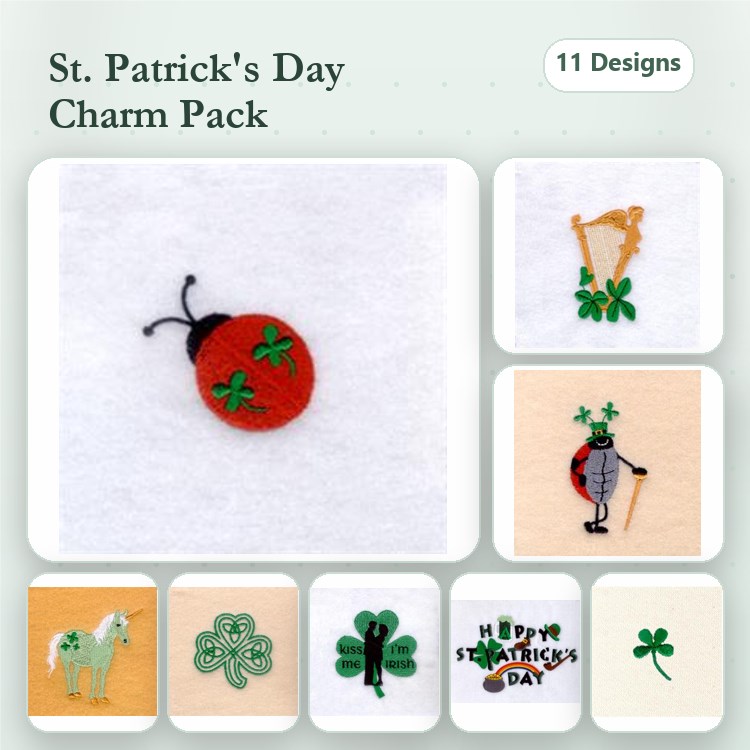 St. Patrick's Day Charms Embroidery Designs Bundle – Ladybug with Shamrock, Harp with Shamrocks, Leprechaun & More (11 Designs)