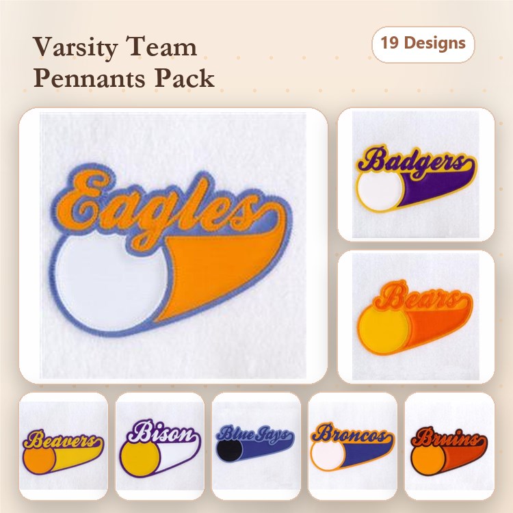 Applique Varsity Team Pennants Embroidery Bundle – Eagles, Badgers, Beavers, Bison & More (19 Designs)
