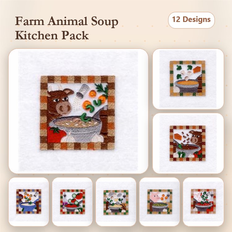 Farm Animal Kitchen Embroidery Bundle – Cow with Soup Bowl, Pig with Soup Bowl, Chicken in Kitchen Setting & More (12 Designs)
