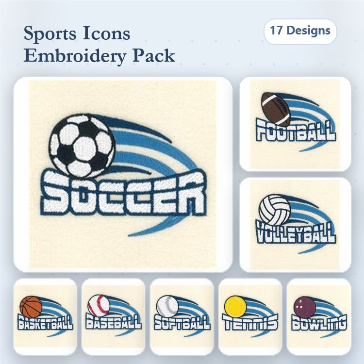 Sports Icons Embroidery Designs Bundle – Soccer, Football, Volleyball & More (17 Designs)