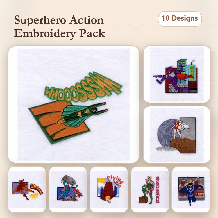 Superhero Action Embroidery Designs Bundle – Superhero Flying, Villain with Mask, Heroic Stance & More (10 Designs)