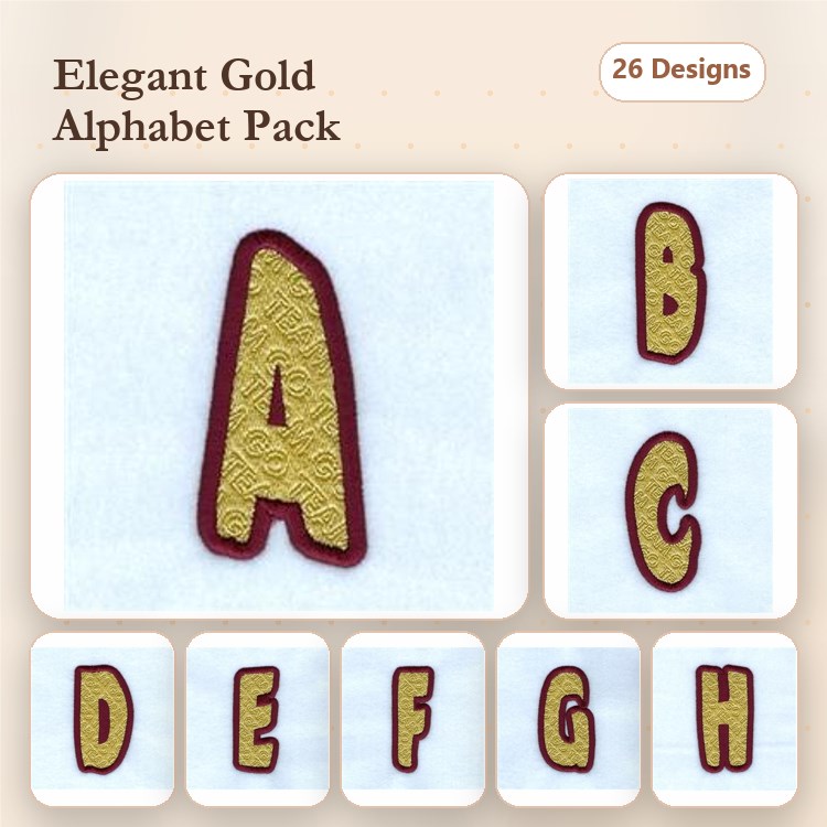 Gold Alphabet Letters Embroidery Designs Bundle – A, B, C, D, E, F, G, H & More (26 Designs)