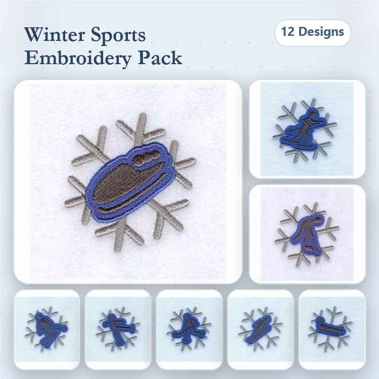 Winter Sports Embroidery Designs Bundle – Sled, Snowflake, Skiing Figure, Snowboarder & More (12 Designs)