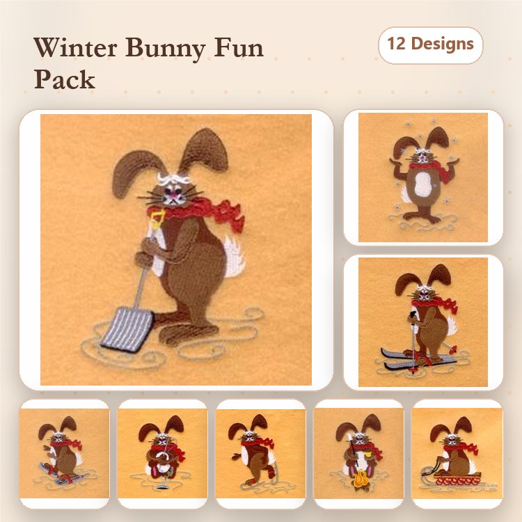Winter-Themed Bunnies Embroidery Bundle – Bunny with Shovel, Bunny on Skis & More (12 Designs)