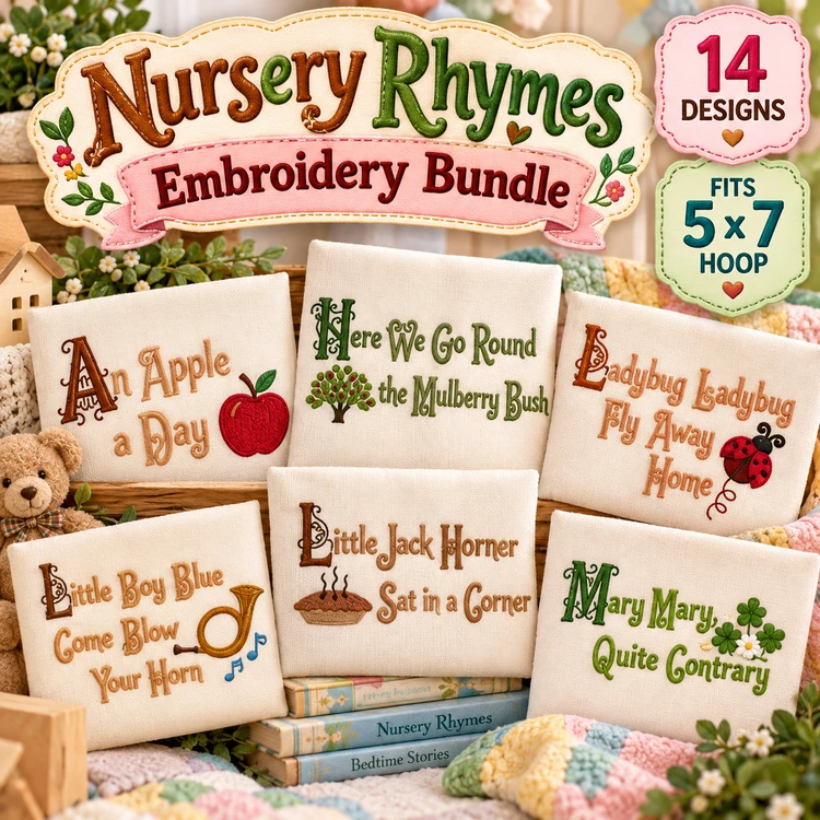 Nursery Rhymes Embroidery Bundle – Apple, Ladybug, Baa Baa Black Sheep & More (14 Designs)