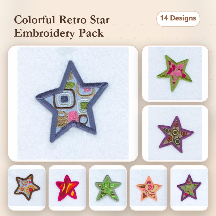 Applique Colorful Retro Stars Embroidery Bundle – Retro Star with Patterns 1, Retro Star with Patterns 2, & More (14 Designs)