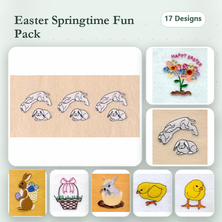 Easter Bunny & Chick Embroidery Bundle – Jumping Bunny, Hiding Bunny, Easter Flower Bouquet & More (17 Designs)