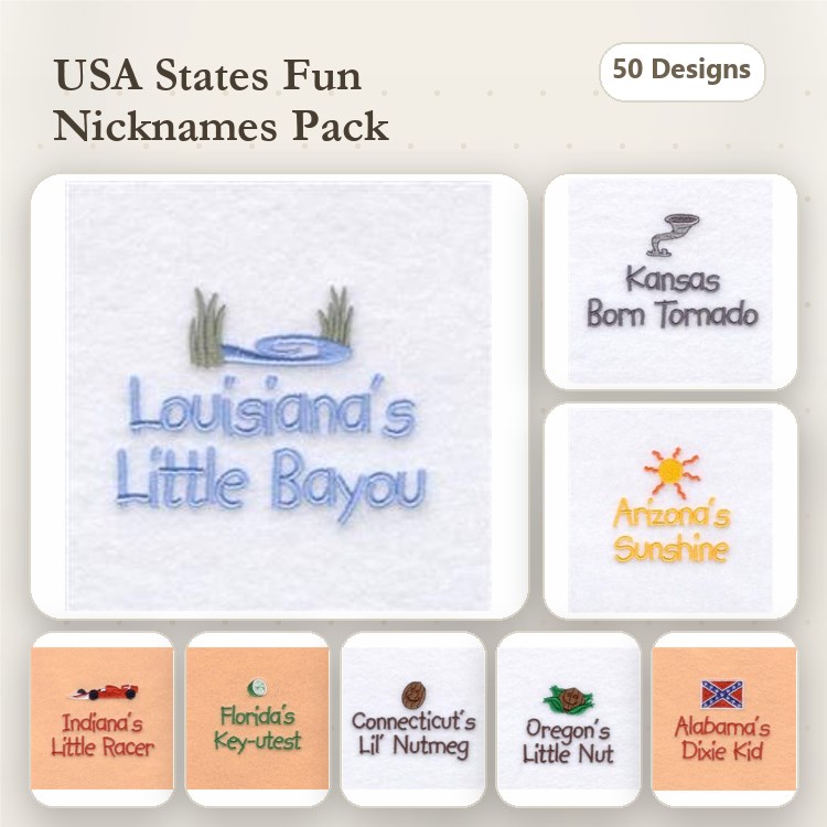 USA States Nicknames Embroidery Designs Bundle – Louisiana's Little Bayou, Kansas Born Tornado, Arizona's Sunshine & More (50 Designs)