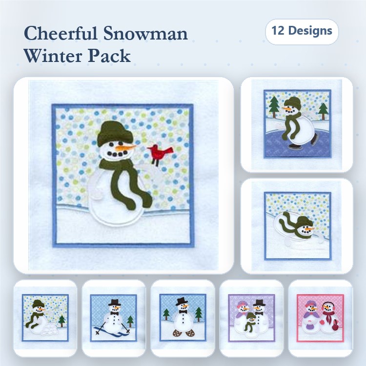 Applique Cheerful Snowmen Embroidery Designs Bundle – Snowman with Scarf and Hat, Snowman in Winter Scene, & More (12 Designs)