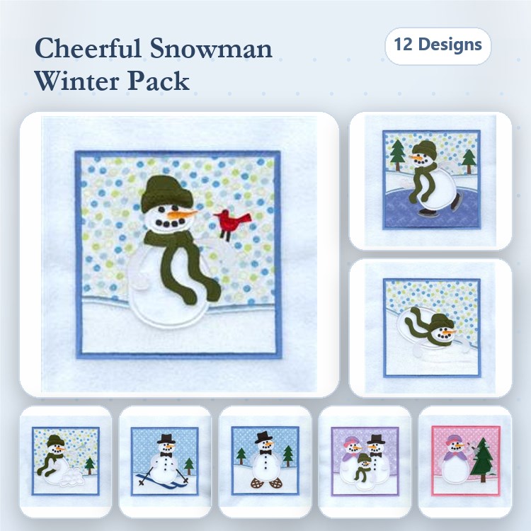 Applique Cheerful Winter Snowmen Embroidery Bundle – Snowman with Scarf, Snowman with Bird, Snowman Family & More (12 Designs)