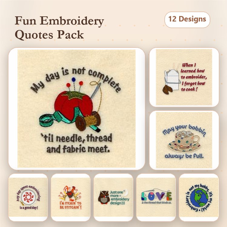 Sewing Quotes Embroidery Bundle – Keep Calm and Sew On, Sewing is My Therapy & More (12 Designs)