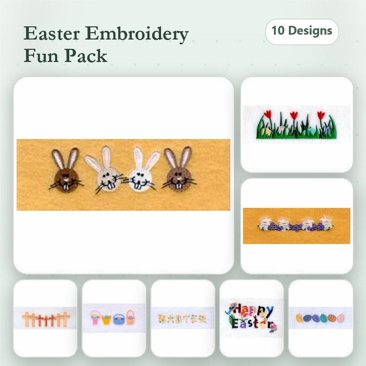 Easter Embroidery Designs Bundle – Bunny Trio, Tulip Border, Happy Easter Banner & More (10 Designs)