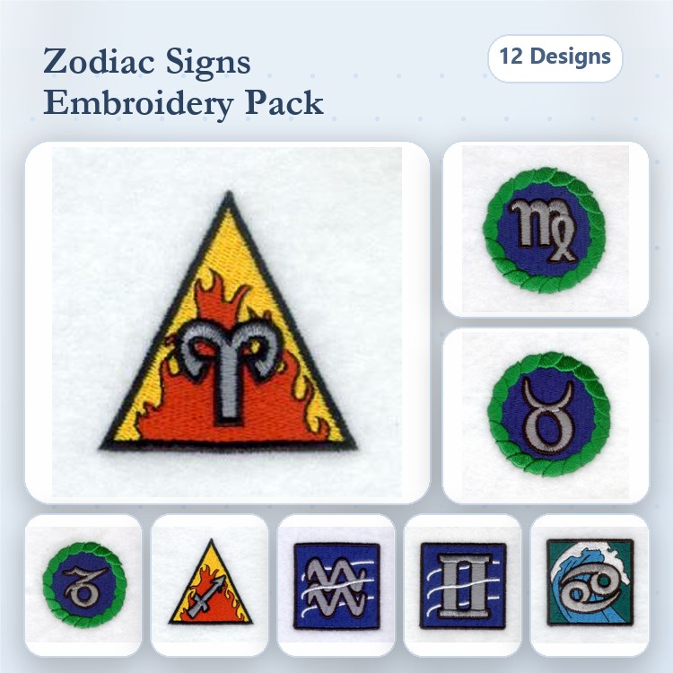 Zodiac Sign Symbols Embroidery Designs Bundle – Aries, Taurus, Gemini & More (12 Designs)