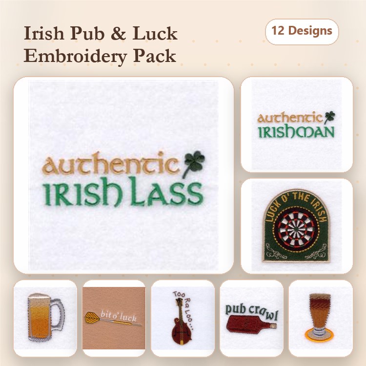 Irish Pub & Luck Embroidery Designs Bundle – Irish Lass, Irishman, Beer Pint, Dartboard & More (12 Designs)