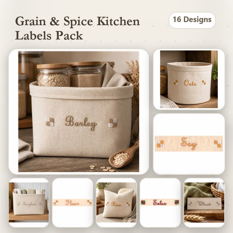 Kitchen Storage Labels Embroidery Designs Bundle – Barley, Oats, Sage, Rice, Flour, Sugar & More (16 Designs)