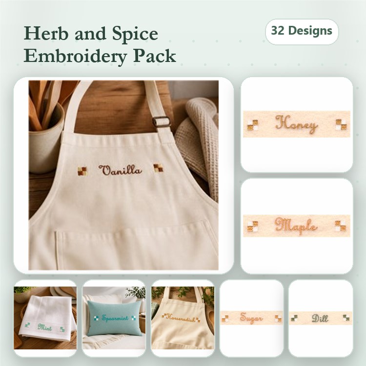 Herbs & Spices Embroidery Designs Bundle – Vanilla, Honey, Maple, Sugar, Dill & More (32 Designs)