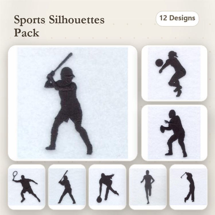 Sports Silhouettes Embroidery Bundle – Baseball Player, Basketball Player, Soccer Player & More (12 Designs)
