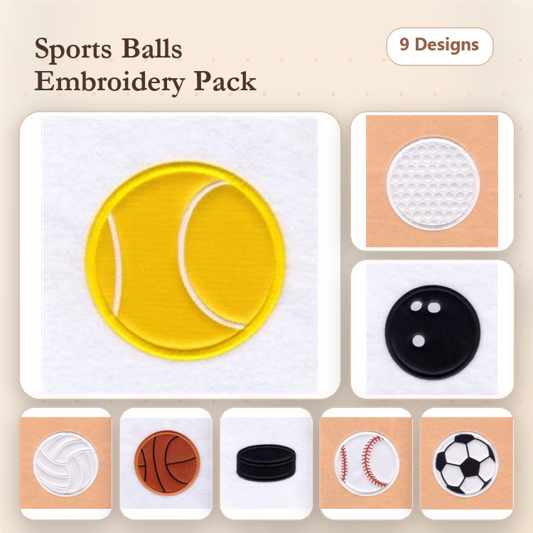 Applique Sports Balls Embroidery Designs Bundle – Tennis Ball, Soccer Ball, Basketball & More (9 Designs)