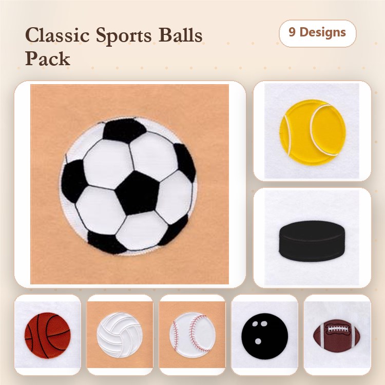 Applique Sports Ball Embroidery Bundle – Soccer Ball, Tennis Ball, Hockey Puck & More (9 Designs)
