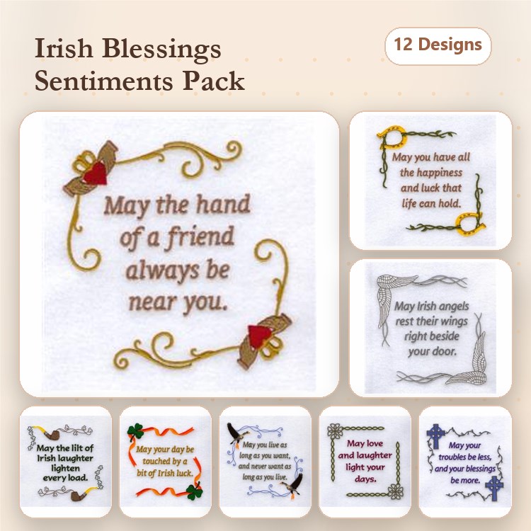Irish Blessings & Sentiments Embroidery Designs Bundle – Heartfelt Messages for St. Patrick's Day (12 Designs)