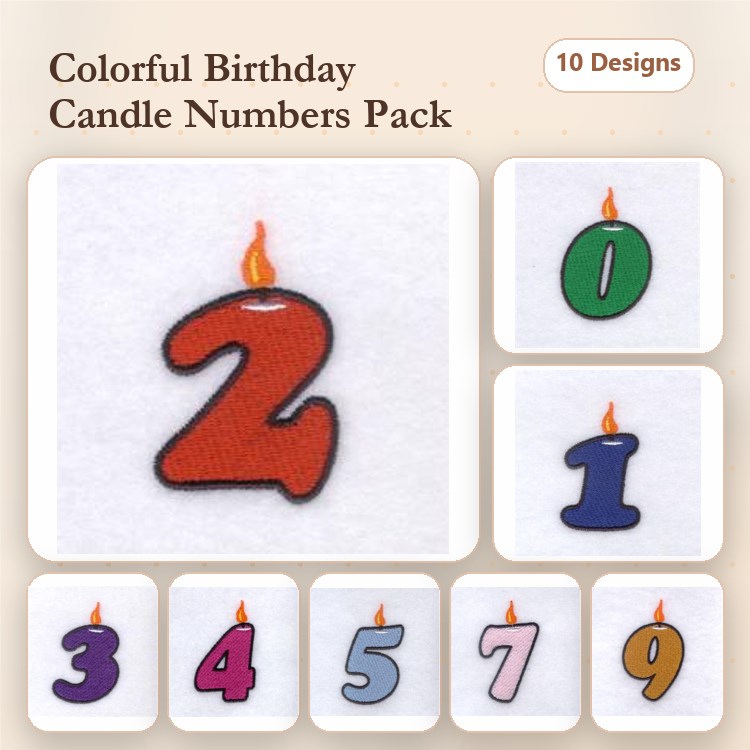 Colorful Birthday Candle Embroidery Bundle – Number 0, Number 1, Number 2 & More (10 Designs)