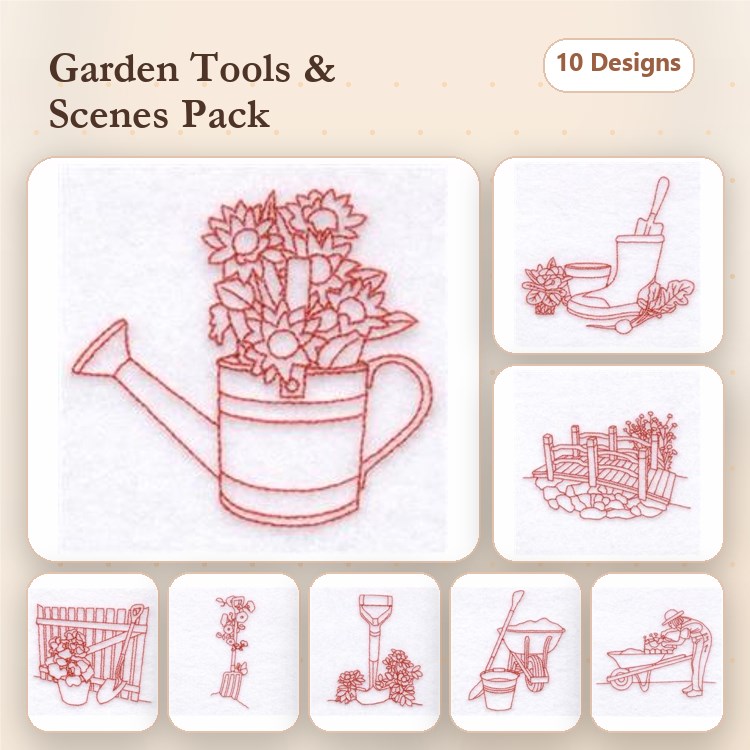 Redwork Gardening Tools Embroidery Designs Bundle – Watering Can, Garden Scene, Spade & More (10 Designs)